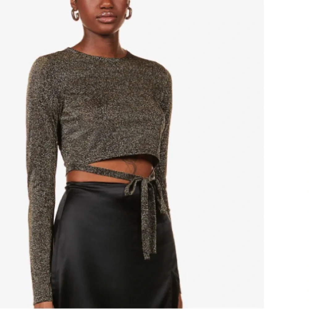 Reformation Black and Gold Tie Front Crop Top